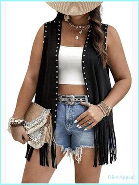 Faux Suede Fringe Vest Sleeveless Tassel Jacket Cowgirl Outfits Plus Size
